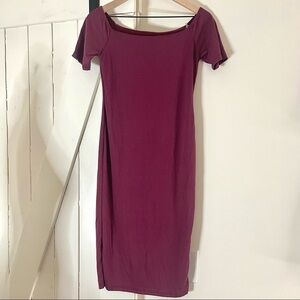MIKE & Joey casual maroon purple fitted off the shoulder midi dress medi…